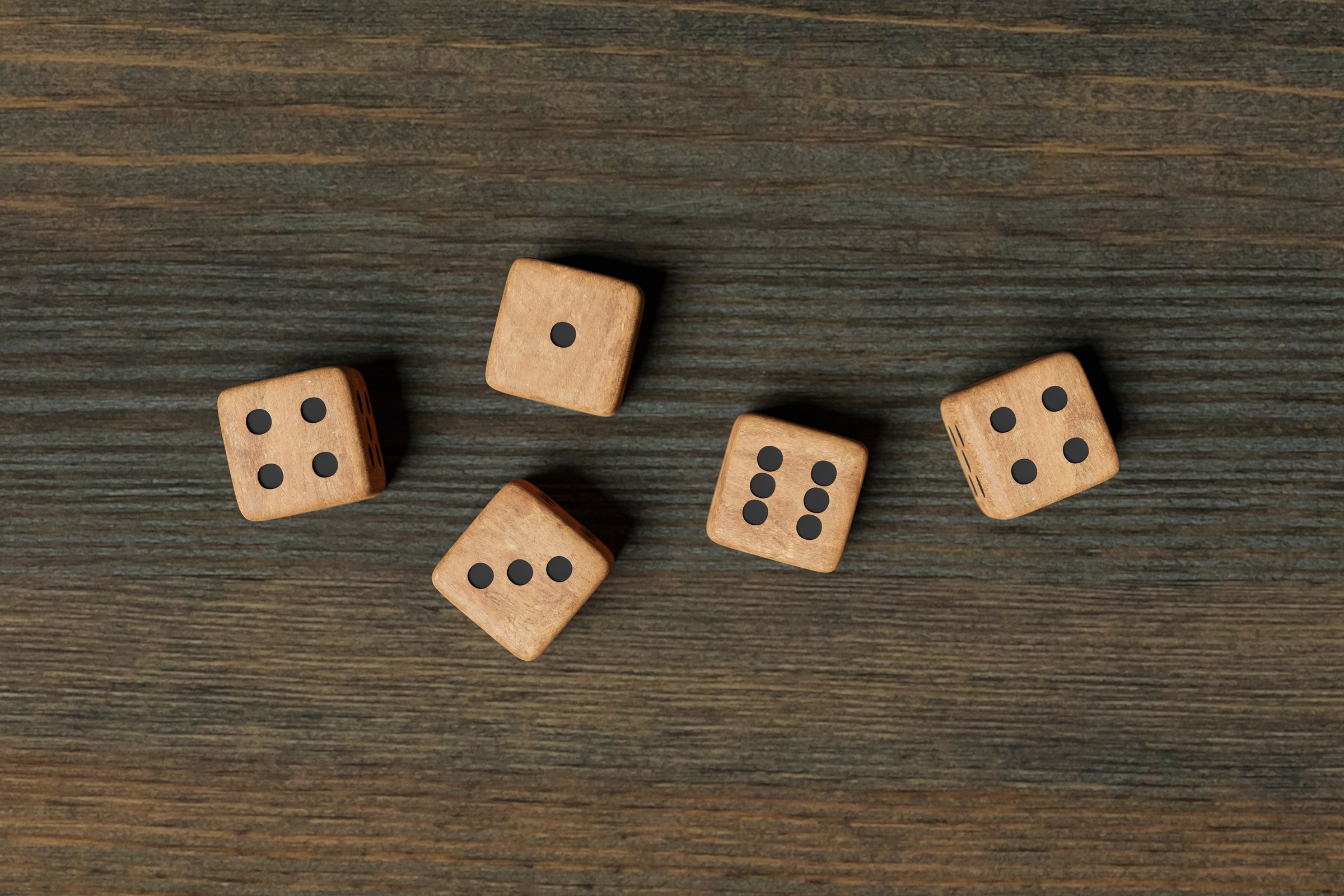 Wood dice on wooden background, 3d render. Chinese mooncake game